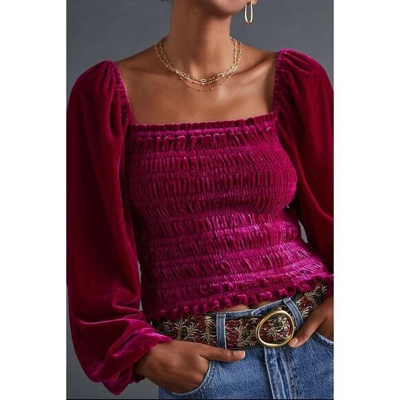 Anthropologie Puff-Sleeve Velvet Blouse Pink Size Small - Picture 3 of 8